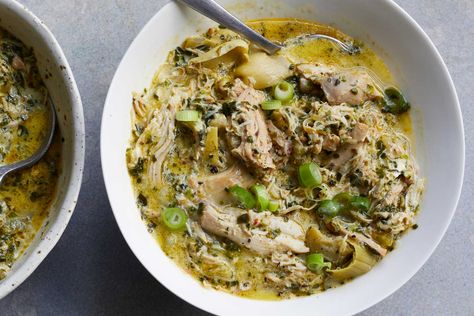 This creamy chicken stew is spinach-artichoke dip reimagined as a simple stovetop braise It comes together quickly, thanks to frozen spinach and jarred artichoke hearts, though if you have time, there is also a slow-cooker version of this recipe Fresh dill and scallions are added just before serving, and provide bright, herbal flavor that offsets the richness of the finished dish. Artichoke Stew, Creamy Chicken Stew, Chicken Artichoke, Spinach Artichoke Chicken, Stew Chicken Recipe, Artichoke Chicken, Spinach Artichoke Dip, Braised Chicken, Creamy Spinach