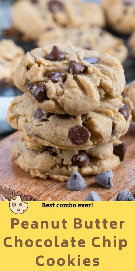 Peanut Butter Chocolate Chip Cookies are the best of both worlds: peanut butter cookies mixed with chocolate chip cookies! Chocolate Chip Cookies Peanut Butter, Cookies Peanut Butter, Peanut Butter Chocolate Chip Cookies, Choc Chip Cookies, Chocolate Cookie Recipes, Oreo Dessert, Easy Peanut Butter, Chip Cookie Recipe, Peanut Butter Chocolate Chip