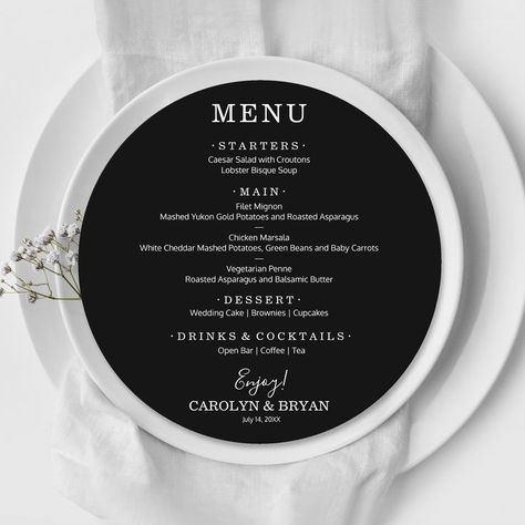 Round Wedding Menu Black and White Menu Black And White, Wedding Menu Black, Simple Black And White Wedding, White Cheddar Mashed Potatoes, Sit Down Dinner, Dinner Menu Card, Lobster Bisque Soup, Modern Black And White Wedding, Elegant Black And White Wedding