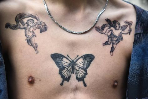 #minimalarchivetattoo #criminaleducation #btattooing #tattos_of_instagram #tattooistartmagazine #tattoos #blxckink #blackandwhite… Mid Chest Tattoo Men, Mid Chest Tattoo, Sternum Tattoo Men, Chest Tattoo Angel, Tattoo Angel, Small Chest Tattoos, Cherub Tattoo, Matching Best Friend Tattoos, Monkey Tattoos