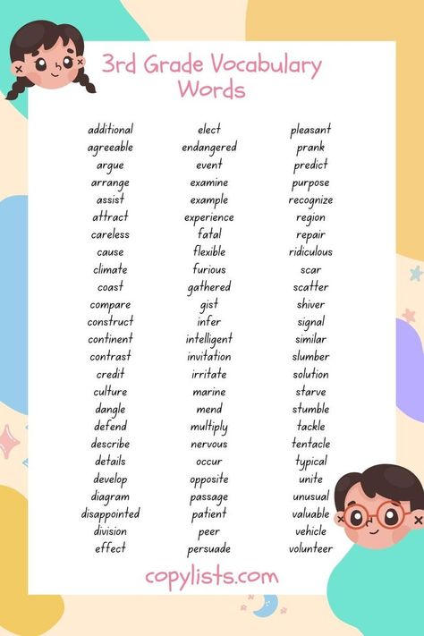 a list of 3rd-grade vocabulary words with cartoon children 3rd Grade Vocabulary Words, Third Grade Vocabulary Words, Teaching Spelling Words, 3rd Grade Spelling Words, Improve English Writing, Spelling Bee Words, 3rd Grade Spelling, 3rd Grade Words, Old English Words