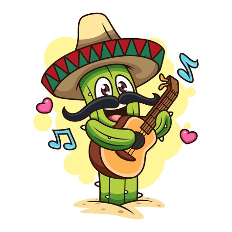 A cute cactus is playing a guitar. #plant #music . #Guitar_Cartoon #Cactus_Cartoon #Mexico_Wallpaper #Mexican_Party_Decorations Guitar Cartoon, Cactus Cartoon, Mexico Wallpaper, Mexican Party Decorations, Plant Icon, Cactus Stickers, Cute Cactus, Vector Icons Illustration, Plant Illustration