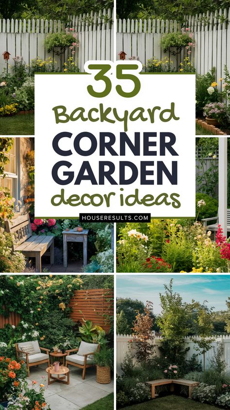 Outdoor Seating Area Fire Pit Corner Yard, Corner In Backyard, Corner Of Backyard Landscaping, Small Corner Backyard Oasis, Corner Lot Yard Ideas, Back Garden Design Layout, Cosy Corner Garden Ideas, Backyard Corner Patio Ideas, Corner Of Yard Ideas