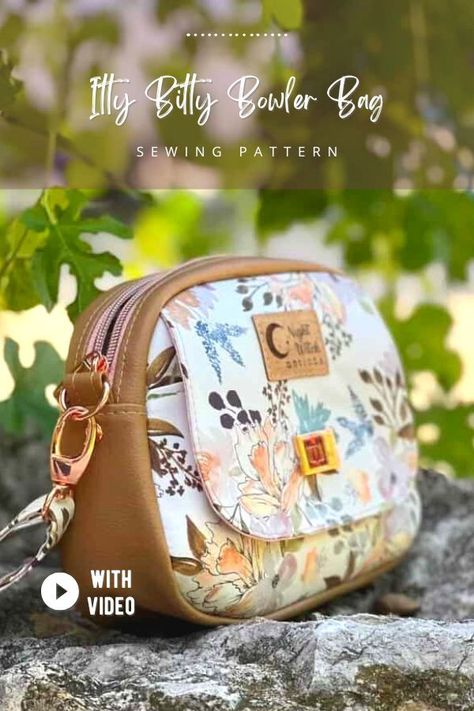 Itty Bitty Bowler Bag sewing pattern (with videos). This bag is ideal for those who want to travel light. It will hold your bare necessities. This bag features a front slip pocket with flap closure, a back exterior zipper pocket, 6 credit card slots, a slip pocket for cash, and an adjustable crossbody strap. Video sewing tutorials included. Small purse sewing pattern. Kids purse sewing pattern. SewModernBags Sew Modern Bags, Bowler Bag Pattern Free, Bowler Bag Pattern, Free Pattern Bag Sewing, Leather Bag Sewing Pattern, Fabric Bag Pattern, Handbag Sewing Patterns Free, Small Bags To Sew, Small Bag Sewing Pattern