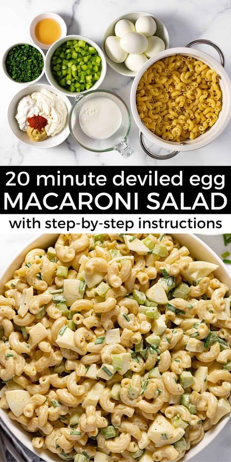 20 Minute Deviled Egg Macaroni Salad Deviled Eggs Macaroni Salad, Deviled Egg Macaroni Salad, Egg Macaroni Salad, Salad Base, Bbq Vegan, Bbq Foods, Classic Macaroni Salad, Cold Salads, Corn Pasta