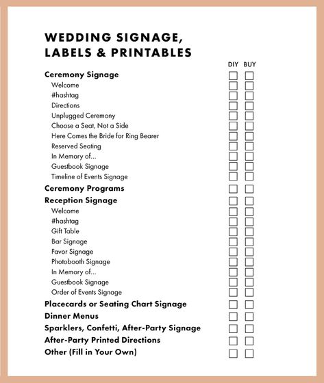 List Of Wedding Signage, Signage List For Wedding, List Of Signs Needed For Wedding, Wedding Signage List, Wedding Signage Checklist, Wedding Decor Checklist, Diy Wedding Tips, Wedding Planning Checklist Budget, Wedding Decoration Checklist