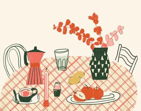 Cafeteria — Noemi Fabra · Illustration Table Illustration, Table Drawing, Breakfast Spread, Spring Fair, Creative Illustration, Breakfast Table, Tea Table, Ceramic Painting, Recipe Cards