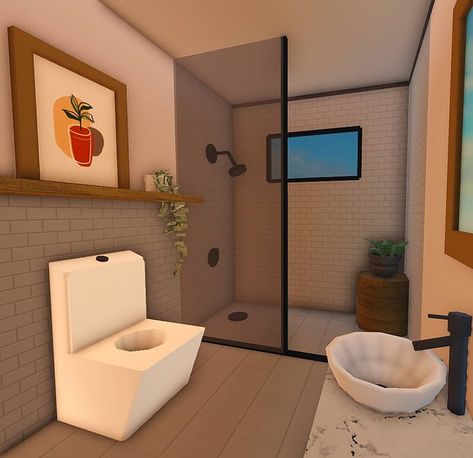 Bloxburg Shower Ideas, Minimal Tv Stand, Hotel Codes, Bloxburg Bathroom Ideas, Scandinavia House, Roblox Houses, Bloxburg Rooms, Bloxburg Building, Roblox House