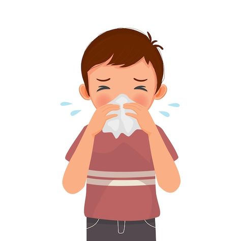 Vector cute little boy sneezing with flu... | Premium Vector #Freepik #vector #sneeze #sneezing #runny-nose #rhinitis Cold Symptoms, Runny Nose, Tissue Paper, Premium Vector, Graphic Resources, Vector Free, Royalty Free, Clip Art