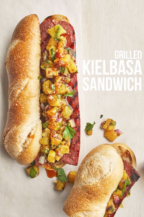 Keilbasa Recipes Grilled, Kielbasa Sandwiches, Kielbasa Sandwich, Keilbasa And Cabbage, Pineapple Relish Recipe, Pineapple Relish, Grilled Kielbasa, Kabasa Recipes, Dogs Recipes