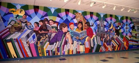 Library Book Reading Mural Reading Mural, Collaborative Mural, Cambridge Massachusetts, Oil Painting Nature, School Wall Art, School Murals, Murals For Kids, Colorful Murals, Murals Street Art