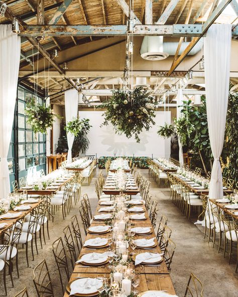 Lush Greenery Transformed a Downtown Los Angeles Warehouse Into This Couple's Ultimate Wedding Venue Wedding Table Placement, Whimsical Wedding Theme, Hanging Greenery, Martha Weddings, Colorful Invitations, Warehouse Wedding, Unique Wedding Cakes, Urban Wedding, Martha Stewart Weddings