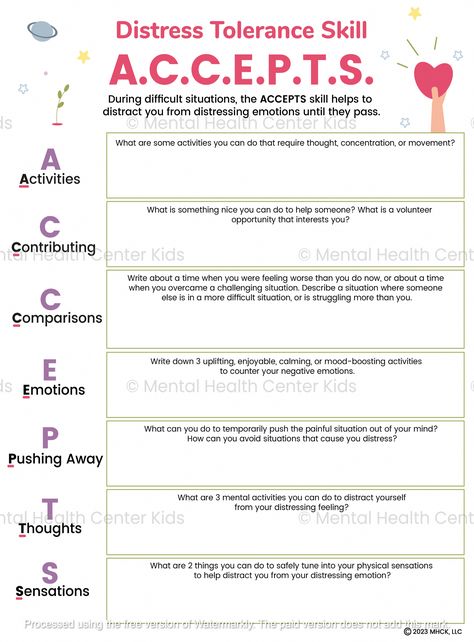 DBT ACCEPTS Worksheet – Mental Health Center Kids #Nurturing #FitnessTips #Understanding #Mental #Health #HealthyLifestyle #Emotional #Wellbeing #HealthTips Distress Tolerance Activities, Dbt Worksheet, Dbt Skills Worksheets, Dbt Activities, Seeking Safety, Distress Tolerance Skills, Dbt Therapy, Coping Skills Activities, Counseling Techniques