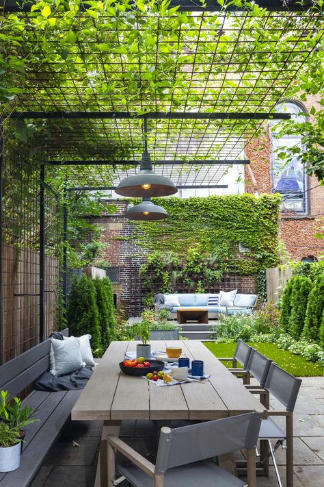 Photo 2 of 10 in Fort Greene Townhouse by Celina Paz - Dwell Hanging Lighting, Porch Deck, Patio Garden Design, Casa Exterior, Have Inspiration, Pergola Patio, Outdoor Pergola, Garden Trellis, Patio Stones