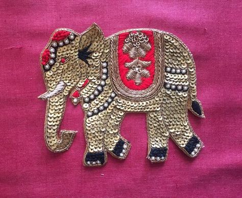 Royal Elephant Zardozi Embroidery Patch,Indian Handmade Royal Animal Patch Gold Sequins Bullions Cut Shots Snap, Royal Elephant, Base Clothing, Elephant Embroidery, Embroidered Elephant, Zardosi Embroidery, Gold Work Embroidery, Hand Work Design, Monogram Ideas