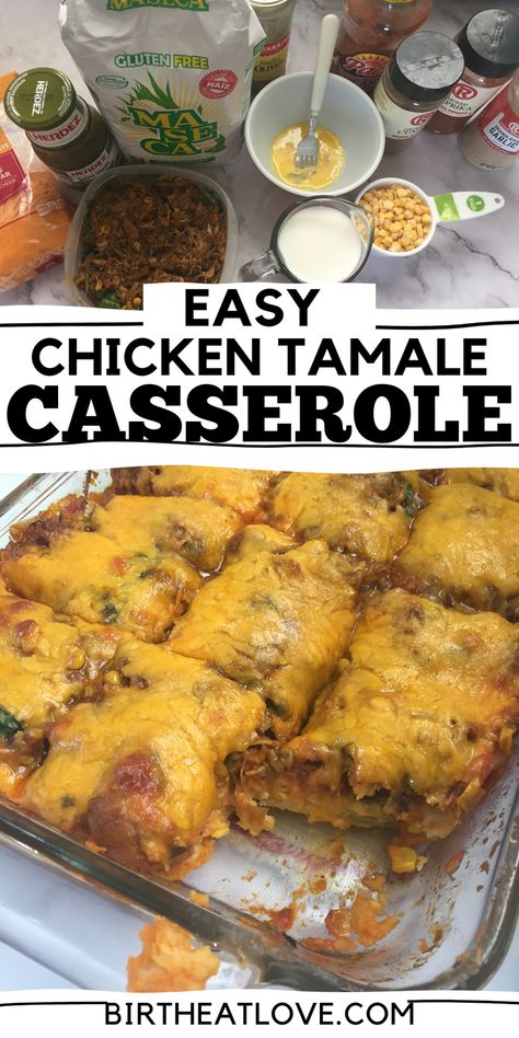 An easy meal to make - this casserole uses shredded chicken, simple tamale crust and cheese. Cheesy casserole recipe that tastes like tamales! Your family will love this chicken Tamale casserole recipe! It's a healthy casserole that is pretty easy to make and great for feeding a crowd or weeknight dinners. If you love tamales but have no time (or patience) to make them, this Mexican casserole will be one of your new favorite easy dinner recipes. Tamales Casserole Recipe, Weeknight Dinners Easy, Shredded Chicken Casserole, Chicken Tamale Casserole, Cheesy Casserole Recipes, Casserole With Chicken, Chicken Tamale, Corn And Cheese, Tamale Casserole