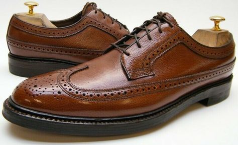 MENS FLORSHEIM 97625 BROWN LONG WING TIP BROGUE OXFORD DRESS SHOES SZ 11.5~1/2 A Maker FLORSHEIM ROYAL IMPERIAL Size MENS 11.5A NARROW Material Leather Soles are made of Leather Sole Condition (10 being new) 9 , THE HEELS ARE NOT ORIGINAL Blemishes / Defects / Condition  Good Used Condition. ALL ITEMS ARE SOLD AS IS. NO REFUNDS. NO RETURNS. NO EXCEPTIONS Color(s) BROWN Dimensions : The following are the measurements for these shoes. Please measure against some you already own. Not all makers use Florsheim Shoes Men, Handmade Shoes Pattern, Florsheim Imperial, Brown Brogues, Brown Oxford Shoes, German Dress, Brogues Men, Gentleman Shoes, Oxford Brogues