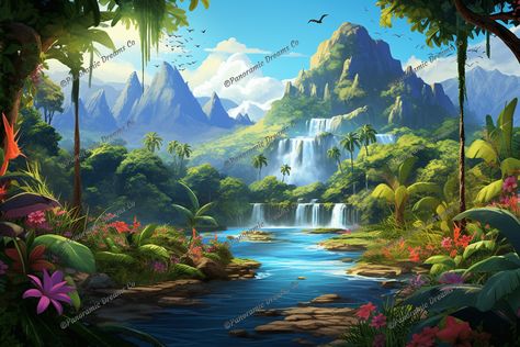 Enchanted Oasis, Digital Download, Fantasy Art Print, Tropical Cartoon Scene, Whimsical Wonders, Hawaii Inspired, Game Art, Landscape Art Tropical Cartoon, Tropical Scenery, Waterfall Art, Hawaii Tropical, Mountain Landscapes, Tropical Beaches, Etsy Printable Art, Tropical Art, Art Travel