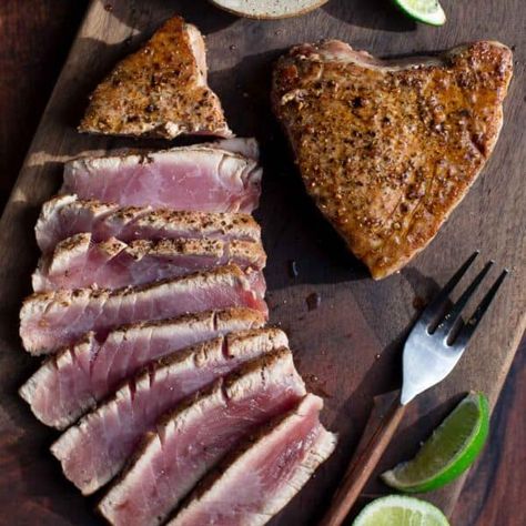 Grilled Ahi Tuna Steak with Soy Dipping Sauce - Vindulge Pan Seared Tuna Steak, Tuna Steak Recipe, Ahi Tuna Steak Recipe, Baked Tuna, Ahi Tuna Recipe, Seared Tuna Steaks, Grilled Tuna Steaks, Ahi Tuna Steak, Tuna Steak Recipes