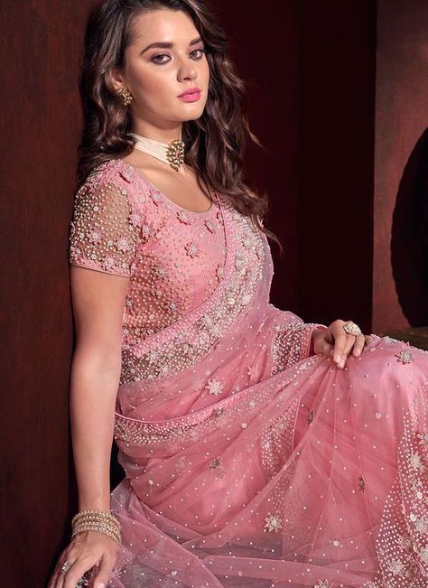 Net Saree Look Modern, Net Saree Look, Saree Look Modern, Net Saree Designs, Net Saree Blouse Designs, Net Saree Blouse, Pink Blouse Designs, Pearl Work, Modern Saree