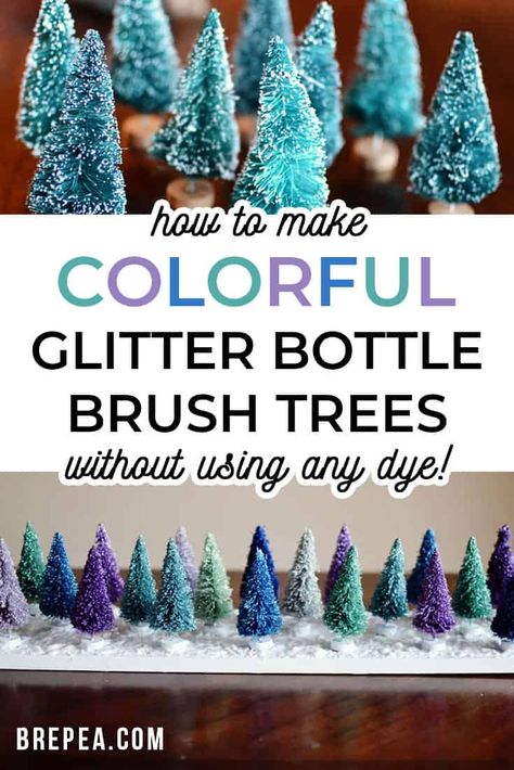 Christmas Tree Display, Bottle Brush Christmas Tree, Brush Christmas Tree, Mantel Christmas, Whimsical Diy, Homemade Decorations, Dollar Store Christmas Crafts, Tree Display, Glitter Bottle