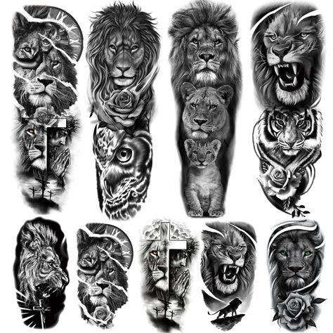 Kotbs Lion Tattoo Stickers, 4-Sheet Full Sleeve Tattoo Big Tattoos Temporary, 5-Sheet Half Full Arm Temporary Tattoo for Adult Kids Women Makeup Small Animal Tattoos, Animal Tattoos For Women, Fake Tattoo Sleeves, Lion Tattoo Sleeves, Black And White Lion, Arm Temporary Tattoos, Temporary Tattoo Sleeves, Shape Tattoo, Full Sleeve Tattoo