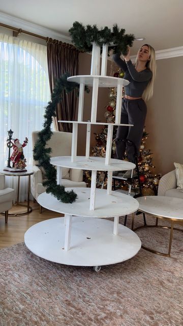 Diy Christmas Village Tree Display, Diy Christmas Village Display Tree, Diy Christmas Tree Village Stand, Christmas Tree Display For Village, Christmas Village Tree Plans, Diy Christmas Village Tree, Christmas Village Tree Diy, Christmas Tree Village Display Ideas, Memory Tree Ideas