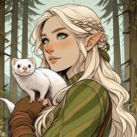 drawing of a blonde haired half elf druid with a white weasel on her shoulder, in the woods - Image Creator from Microsoft Designer Female With Blonde Hair, Half Elf Female, Half Elf Druid, Half Elf Dnd, White Weasel, Elf Female, Elf Hair, Dnd Druid, Elf Drawings