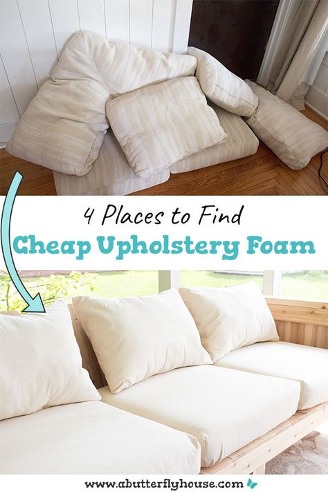 Buying upholstery foam new is so expensive. Check out this guide for finding cheap upholstery foam for your DIY projects. #Sewing Sofa Cushions Diy, Outdoor Couch Cushions, Outdoor Cabana, Backyard Diy, Butterfly House, Outdoor Couch, Diy Outdoor Decor, Patio Diy, Outdoor Diy Projects