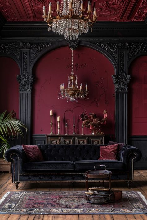 29 Dark Maximalism Ideas for Ultimate Sophistication Dark Romantic Interior Design, Victorian Gothic Apartment, Dark Red Decor, Dark Red Dining Room, Burgundy Interior Design, Red Goth Bedroom, Dark Red Walls, Dark Decor Aesthetic, Dark Red Room