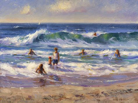 Tony DAmico - Beach Day- Oil - Painting entry - July 2017 | BoldBrush Painting Competition Seaside Paintings, Beach Art Painting, Sunrise Art, Painting Competition, Representational Art, Value In Art, Boat Art, Wave Painting, Painting People