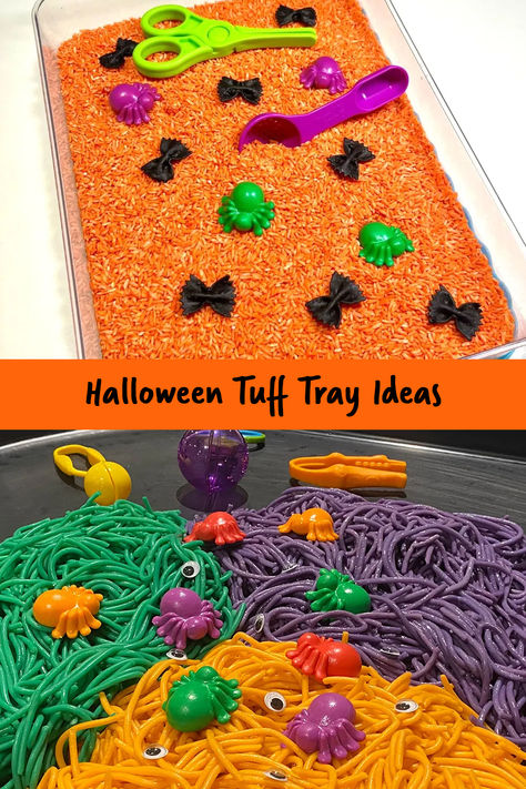 Halloween is the perfect time of year to get stuck into sensory play with lots of interesting textures and things for little fingers to squish, scoop, squeeze and more. And whether you’re setting up a Halloween themed tuff tray in your classroom, playgroup, or at home, you can have a lot of fun with this sensory play theme. In the blog post, you’ll find the first of our Halloween tuff tray activities. Room On The Broom Tuff Trays, Halloween Theme Activities For Toddlers, Halloween Tuff Tray Ideas Toddlers, Halloween Tough Tray Ideas, Autumn Tuff Tray Ideas Toddlers, Halloween Sensory Tray, Tuff Tray Halloween Ideas, Halloween Tuff Tray Ideas For Babies, Halloween Tuff Tray Ideas Eyfs