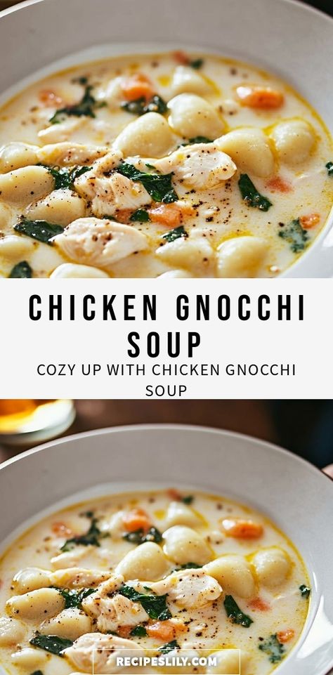 Warm up with a bowl of creamy Chicken Gnocchi Soup that’s both comforting and delicious! This one-pot meal is packed with tender chicken, fluffy gnocchi, and vibrant veggies, all simmered in a rich broth that’s perfect for chilly evenings. Perfect for family dinners or meal prep, this soup is sure to become a favorite! Dive into this heartwarming recipe and discover the joy of homemade comfort food. Your taste buds will thank you! Chicken Potato Gnocchi Soup, Turkey And Gnocchi Soup, Crock Pot Chicken And Gnocchi Soup, Gluten Free Chicken And Gnocchi Soup, Chicken Stew With Gnocchi, Gnocchi Recipes Crockpot Crock Pot, Chicken Pot Pie Soup With Gnocchi, Chicken Gnocchi Crockpot Soup, Gnocchi Chicken Noodle Soup