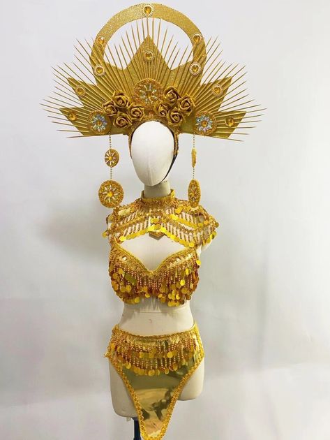 Traditional Gold Costume Hats And Headpieces For Festivals, Festival Costume Hats And Headpieces In Gold, High Crown Gold Headpiece For Festival, Sinulog Festival Queen Costume, Club Stage, Festival Headdress Philippines, Junk Kouture, African Tribe, Nightclub Bar