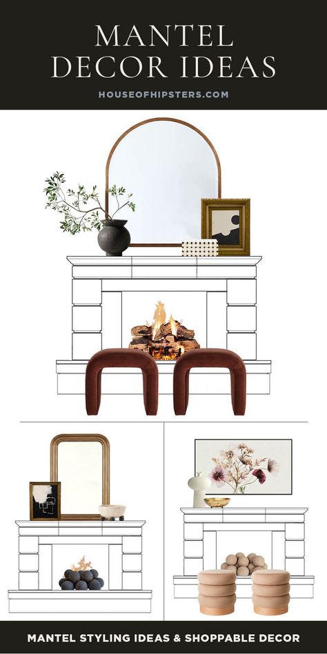 Mantel decor ideas you can try with your fireplace. Picture Mantle Display, Over Mantel Mirror, Layered Mirror And Art Mantle, How To Style A Mantel Living Rooms, Mirrors On Mantels Fire Places, Mantle Decorating Ideas With Pictures, Organic Modern Fireplace Ideas, Fireplace Decor With Mirror, Tall Fireplace Decor