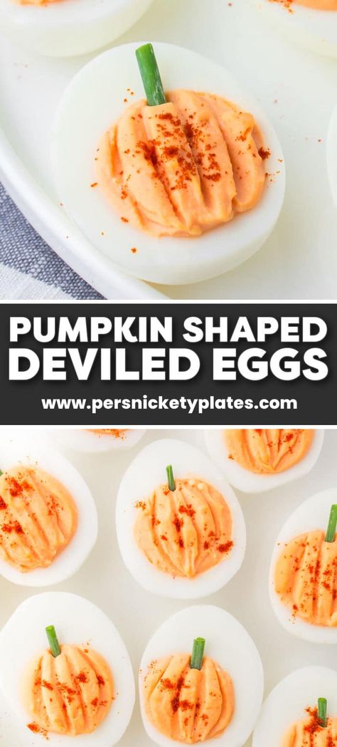 A fun fall take on classic deviled eggs, these easy Pumpkin Deviled Eggs are the perfect appetizer for Halloween, Thanksgiving, or any fall gathering. Deviled Eggs For Fall, Pumpkin Shaped Deviled Eggs, Deviled Halloween Eggs, Deviled Egg Pumpkins, Deviled Eggs Halloween Appetizers, Pumpkin Deviled Eggs Recipe, Deviled Eggs Pumpkin, How To Serve Deviled Eggs, Halloween Deviled Eggs Ideas