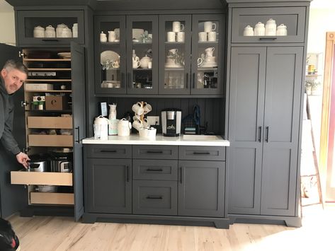 Kitchen Coffee Bar Ideas Built Ins, Built In Kitchen Dresser, Dining Room Pantry Ideas, Dining Room Cabinet Wall, Cabinet In Dining Room, Built In Buffet Cabinet, Built In Buffet Dining Room, Dining Room Built In Buffet, Pantry Coffee Bar