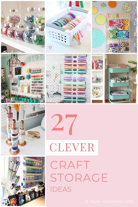 Craft supplies getting a little out of control and in need of some craft storage ideas? Check out 27 clever craft organising solutions at A Visual Merriment | #craftstorage #craftsupplies #craftorganizing #craftroom #organization #handmade #storage #diystorage Organising Craft Supplies, Diy Birthday Party Decorations, Quilting Storage, Art Closet, Craft Storage Ideas, Craftroom Ideas, Crafts Storage, Organize Ideas, Craft Organizer