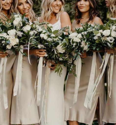 Loving this chic neutral palette and natural greenery! Neutral Wedding Color Schemes, Special Photography, Neutral Wedding Inspiration, Neutral Bridesmaid Dresses, Neutral Wedding Colors, Greenery Bouquet, Stunning Bridesmaid Dresses, Champagne Bridesmaid Dresses, Champagne Bridesmaid