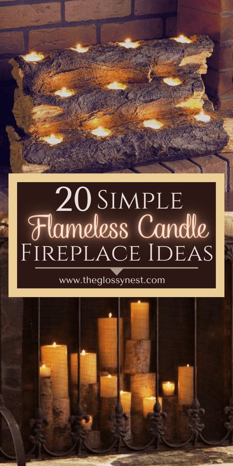 Fireplace Candles Inside, Fireplace With Candles, Candles Fireplace, Fireplace Hearth Decor, Decorate A Fireplace, Fireplace Candelabra, Corner Fireplaces, Hearth Decor, Fireplaces Outdoor