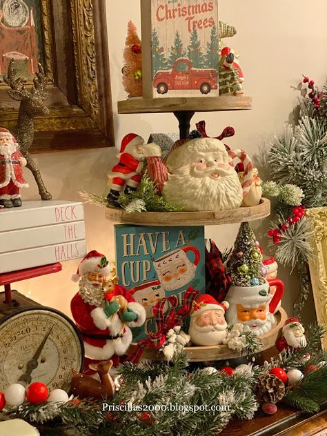 Santa Tablescape, Trendy Christmas Decor, Hello Santa, Christmas Looks, Tiered Display, Santa Collection, Kitschy Christmas, Ornaments Wood, Gingerbread Decor