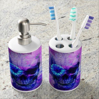 #Pastel Goth Skull Home Decor Bathroom Set - #giftideas for #kids #babies #children #gifts #giftidea Succulent Bathroom, Cactus Bathroom Decor, Cactus Bathroom, Diy Home Decor For Apartments, Floral Soap, Bad Set, Indigo Floral, Toothbrush Holders, Shabby Chic Bathroom