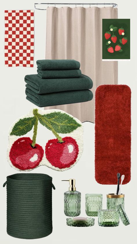 Funky Bathroom Ideas, Cherry Bathroom, Red Apartment, Funky Bathroom, Red Bathroom Decor, Retro Bathroom Decor, Black Bathroom Decor, Bathroom Counter Decor, Girly Apartments