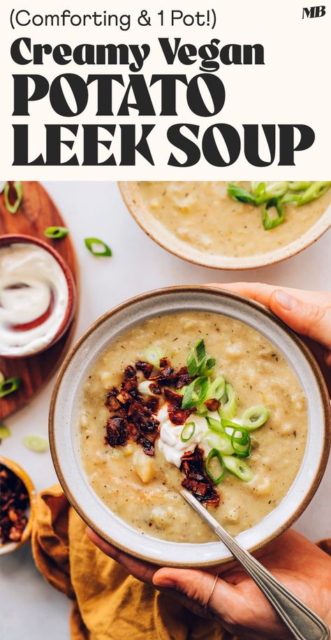 Creamy, comforting, flavorful potato leek soup that’s plant-based, gluten-free, and easy to make. Made in 1 pot with just 9 simple ingredients! Creamy Potato Leek Soup, Vegan Potato Leek Soup, Vegan Potato Soup, Vegan Tomato Soup, Vegan Crab, Leek Recipes, Roasted Cauliflower Soup, Potato Leek, Roasted Butternut Squash Soup