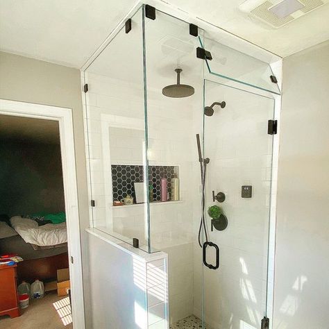 Joe Flynn on Instagram: "Beat the snow/cold and get a steam shower! • 3/8 starfire(ultraclear) Glass, 4 panel steam unit! • 94 inches in height, with a notched panel(left of door)to meet the return panel(ontop of the halfwall). • This unit is a steam shower which calls for glass from floor to ceiling to keep the steam in. We used pivot clamps which allows the vent above the door to swivel as needed to vent steam. • We also used our glass coating from @clearshield_technologies @clearshieldglass t Steam Shower Glass Doors, Shower Glass To Ceiling, Floor To Ceiling Shower Door, Steam Room Shower, Steam Shower Enclosure, Half Wall Shower, Small Ensuite, Pitched Ceiling, Standing Shower