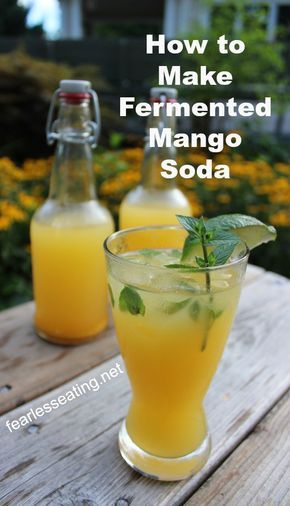 Fermented mango soda is like drinking a mango but in a light and refreshing form. Add some lime and mint and you've got yourself one amazing summer drink. Fermented Mango, Fermented Soda, Ginger Bug, Homemade Soda, Probiotic Drinks, Water Kefir, Fermentation Recipes, Soda Recipe, Fermented Drink