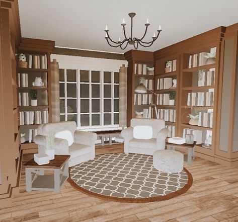 Bloxburg Bay Window Ideas, Bloxburg Reading Area, Roblox Bloxburg Library Ideas, Bloxburg Living Room Ideas Aesthetic, Bloxburg Library Ideas, Bloxburg Library, Bloxburg Entryway Ideas, Blocksburg House, Bloxburg Homes