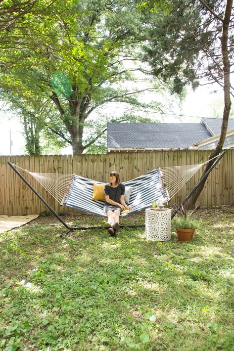 5 Tips for Creating a Relaxing Hammock Area  Get a Hammock! Add a side table  Grab a @canadry gingerale + lemonade  Pile on pillows Finish off with plants!  #sponsored Corner Hammock Backyard, Hammock Area Backyard, Hammock Stand Backyard, Hammock Area Ideas Backyards, Hammock On Deck, Backyard Hammock Area, Hammock Ideas Backyard, Hammock Area, Hammock Ideas