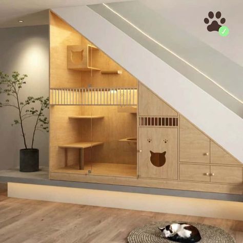 Room Under Stairs, Under Stair, Cat Playpen, Cat Area, Cat Patio, Cat Houses, Custom Millwork, Laundry Bathroom, Cat Cages