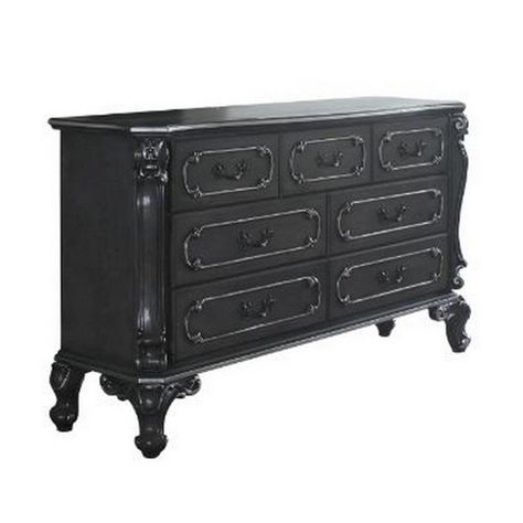 Bloomsbury Market Avi 67 Inch Luxury Wood Dresser, 7 Felt Lined Drawers, Black | Wayfair Villain Bedroom, Goth Dresser, Charcoal Dresser, Future Decor, Victorian Dressers, Dream Items, Lined Drawers, Classy Home, Makeover Bedroom